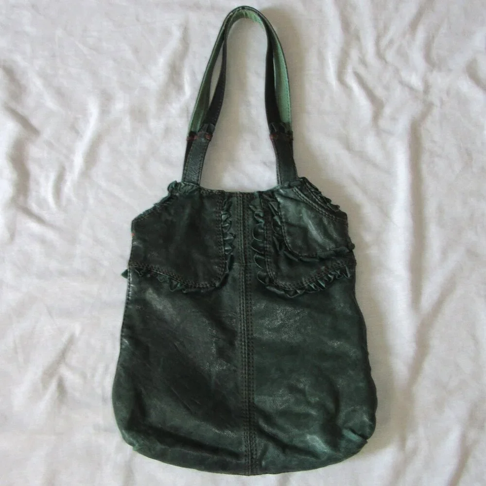 Vtg Lucky Brand Y2K Rocken Ruffles Distressed Leather Shoulder Bag Purse Green - Picture 2 of 6